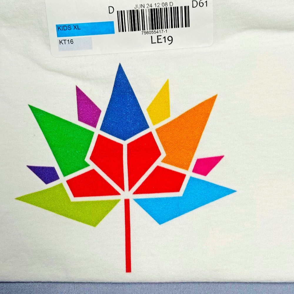 OFFICIAL CANADA 150 ANNIVERSARY T-SHIRT, YOUTH XL, STYLIZED MAPLE LEAF IN BRIGHT